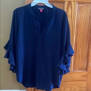 Vince Camuto Navy Blue Flutter Sleeve Blouse with Mandarin Collar, Sz XL